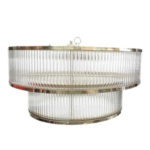 Vintage Art Deco Two Tier Round Rod Ship 8 Light Chandelier Fixture in Brass & Glass