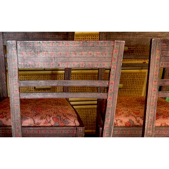 Antique Anglo Indian Style Decoupage Wood Dining Chairs With Patterned Paper and Lacquered Overlay For Sale - Image 10 of 18