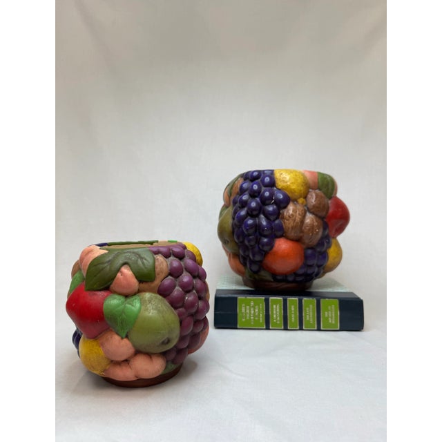 Vintage Mid Century Traditional Style Fruit Multicolor Ceramic Vases- A Pair For Sale In Houston - Image 6 of 11
