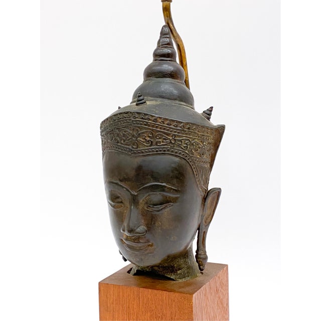 Asian A 19th Century Southeast Asian Bronze Buddha Head Mounted as a Table Lamp For Sale - Image 3 of 12