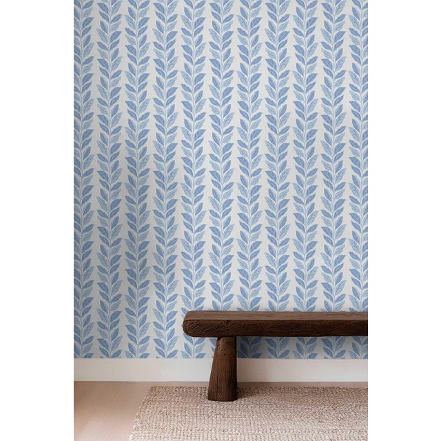 Garden Leaf Stripe Grasscloth Wallpaper by House Party | French Blue | 8 Yards For Sale - Image 4 of 7
