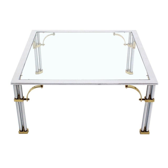 Italian Mid Century Modern Brass Chrome Glass Top Square Coffee Table