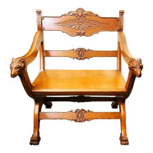 Late 19th Century Royal Antique Carved Wood Ram Head Throne