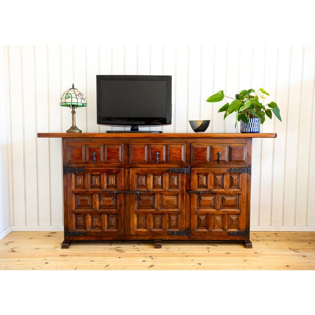 1960s Mid-Century Brutalist Baroque Tuscan Spanish Walnut Iron Sideboard Credenza by Navarro Argudo, 1960 For Sale - Image 5 of 18