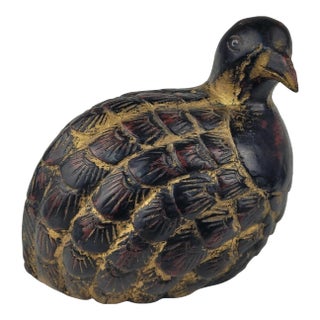 Antique Japanese Carved Wood Quail Statue Lacquered Black Gold Accent Bird Decor For Sale