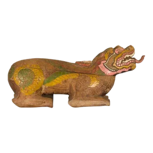 1900s Thai Reclining Guardian Lion Carved Prayer Box with Polychrome Décor