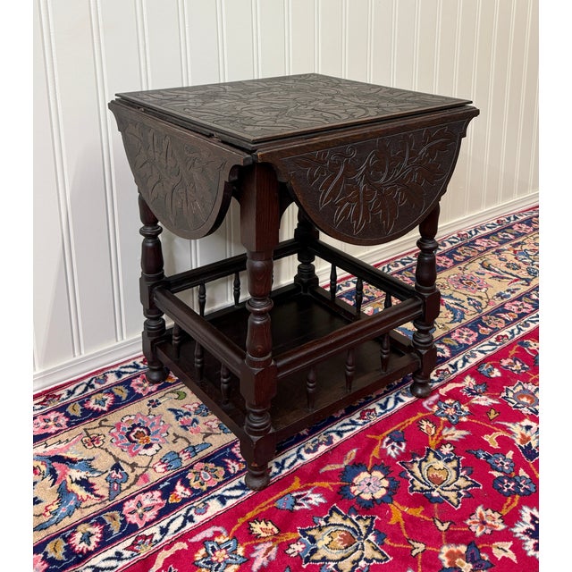 Antique English Cloverleaf Side Table Carved Top Lower Gallery Oak C. 1900 For Sale In Dallas - Image 6 of 15