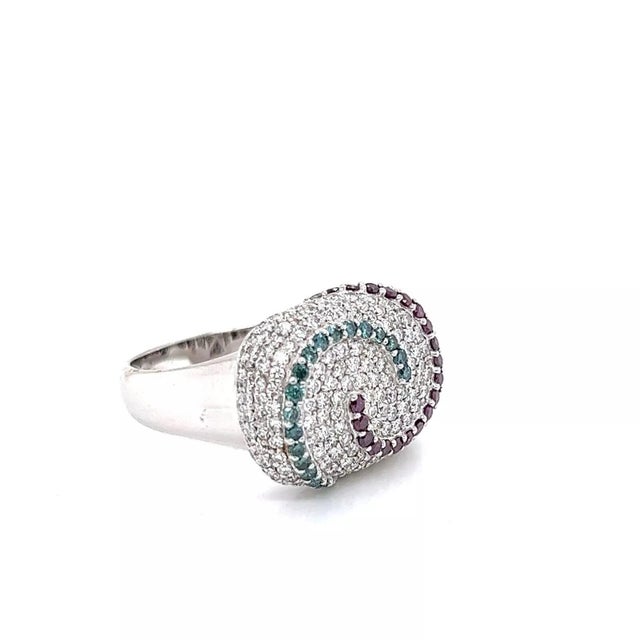 Diamonds: 2.25 ct total multicolored diamonds Measurements: 9/16" wide x 1/4" thick Ring Size: 7 Weight: 8.8 gram Stunning...
