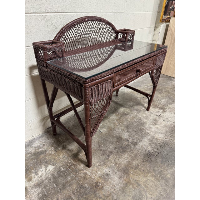 Boho Chic Vintage Boho Coastal Painted Wicker Bar Desk For Sale - Image 3 of 10