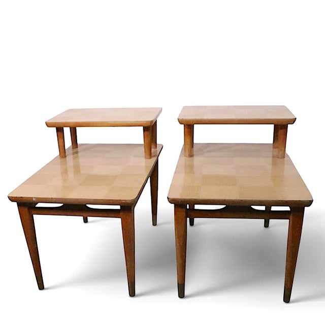 Wood Pr. Mid Century Step End Tables With Marquetry For Sale - Image 7 of 9