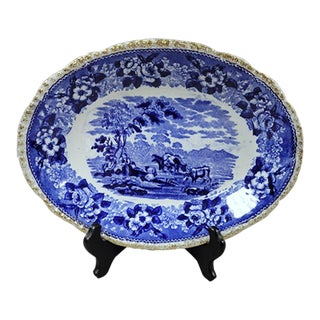 19th C. Adams Blue & White Cattle Scene Platter, Gilded Scalloped Rim For Sale