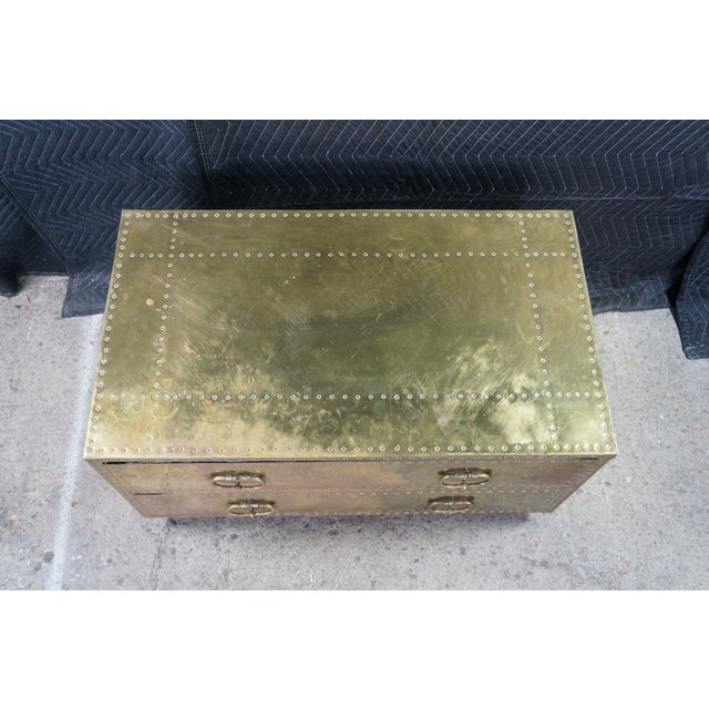 Sarreid Ltd. 1970s Sarreid Brass Clad Nailhead Dresser Chest of Drawers Campaign Console 34" For Sale - Image 4 of 11