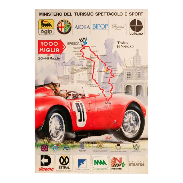 1991 Italian Racing Poster, Ministero Del Turismo Spettacolo E Sport - 1000 Miglia For Sale