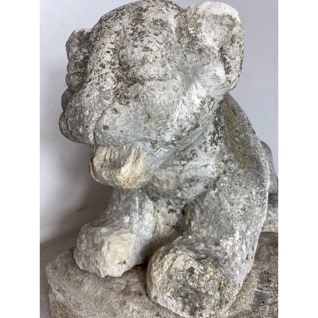 Antique Reclining Lion Sculpture on Base in Carved Stone, 1890s For Sale - Image 16 of 18