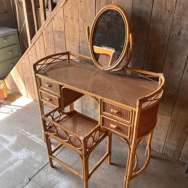 Cane and Bamboo Dressing Table with Oval Mirror and Stool, Set of 2 For Sale - Image 6 of 9