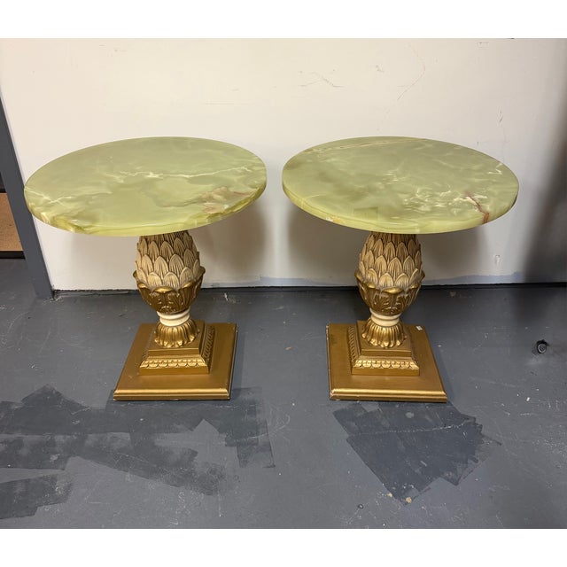 Hollywood Regency 1970s Pair of Vintage Onyx Top Gilt Artichoke Pedestal Side Tables Mid Century For Sale - Image 3 of 11