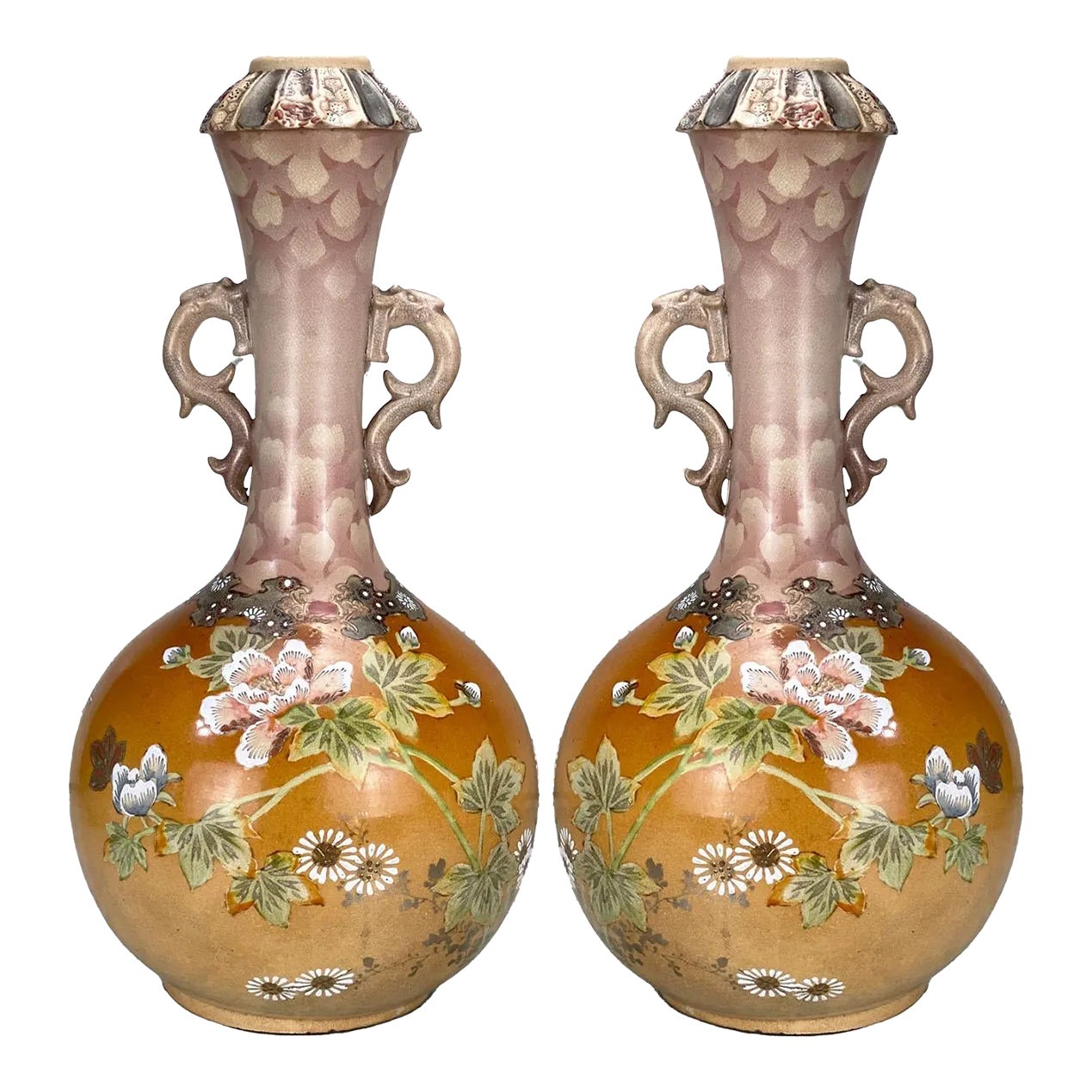 Vintage Japanese Porcelain Floral Baluster Vase W/ Figural Handles a