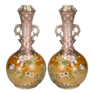 Vintage Japanese Porcelain Floral Baluster Vase W/ Figural Handles - a Pair