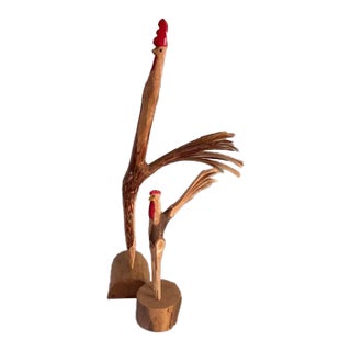 Mid-Century HandCarved and Painted Rustic Rooster Pair Farmhouse Style For Sale