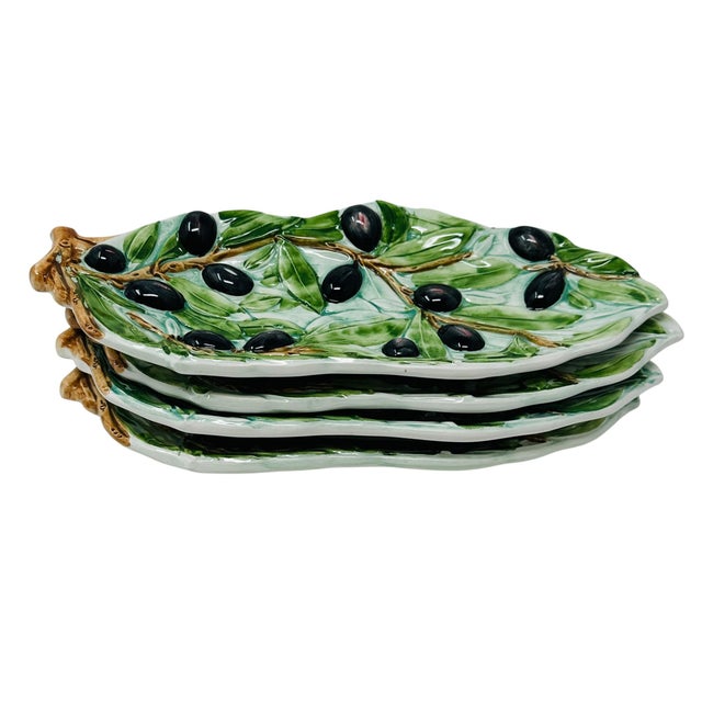 1970s Vintage 1970s Italian Majolica Olive Leaf Relish Trays - Set of 4 For Sale - Image 5 of 12