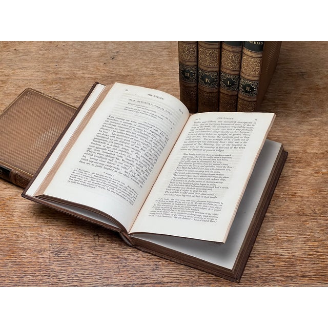 Brown Stunning 1822 Antique Leather Bound Book Set the Tatler & the Guardian Ornate Gold Gilt Spines Georgian English Literature Home Decor For Sale - Image 8 of 11
