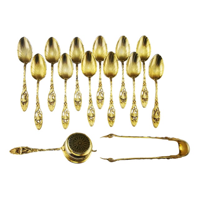 Art Nouveau Silver-Gilt Tea Service with Openwork Floral Decoration by P. Canaux, 1890s, Set of 14 For Sale