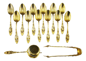 Art Nouveau Silver-Gilt Tea Service with Openwork Floral Decoration by P. Canaux, 1890s, Set of 14