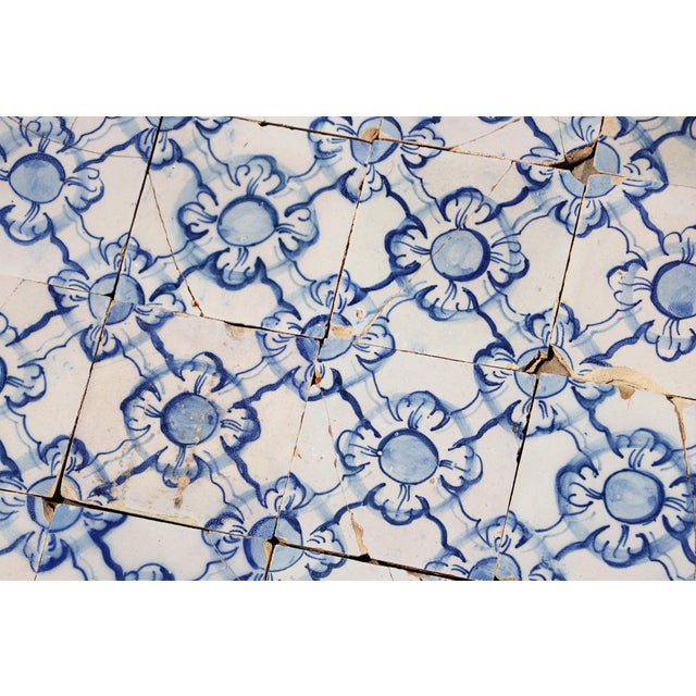 Baroque Antique 18th Century Portuguese Blue & White Tiles Set of 61 With Repeating Floral-Geometric Pattern For Sale - Image 3 of 18