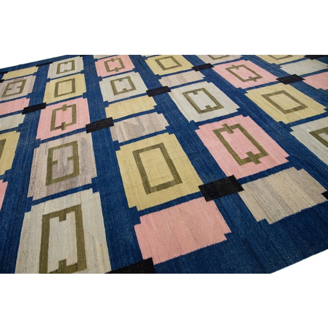 2020s Flatweave Kilim Wool Rug Mid-Century Modern Style in Blue For Sale In New York - Image 6 of 7