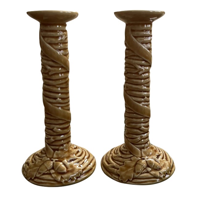 Bordallo Pinheiro Portugal Amber Glazed Acorn and Twig Candlesticks, Pair For Sale