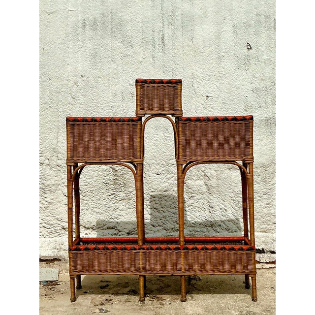 Folk Art Vintage Boho Woven Rattan Plant Stand For Sale - Image 3 of 9
