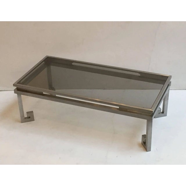 Large French Low Cocktail or Coffee Table of Brushed Steel and Smoked Glass, Greek Key For Sale - Image 4 of 11