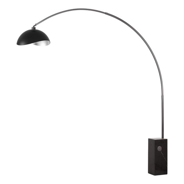 Iconic 95" Arc Floor Lamp, Mid-Century Modern, Black Nickel, Black Marble Base, Drum Shade For Sale