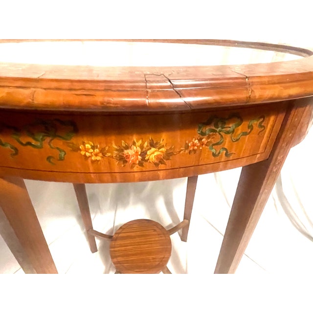 Early 20th Century Edwardian Hand Painted Adams Style Satinwood Oval Vitrine or Bijouterie Table For Sale - Image 11 of 16
