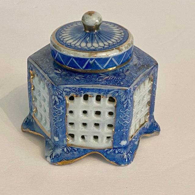 Antique Chinese Blue and White Porcelain Cricket Cage Inkwell For Sale - Image 10 of 15