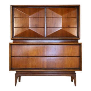 United Furniture Vintage Mid Century Modern Diamond Front Highboy Dresser C. 1960s, Attributed For Sale
