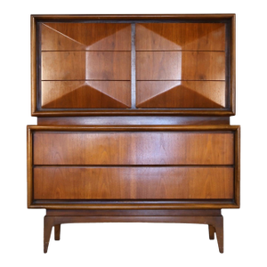 United Furniture Vintage Mid Century Modern Diamond Front Highboy Dresser C. 1960s, Attributed