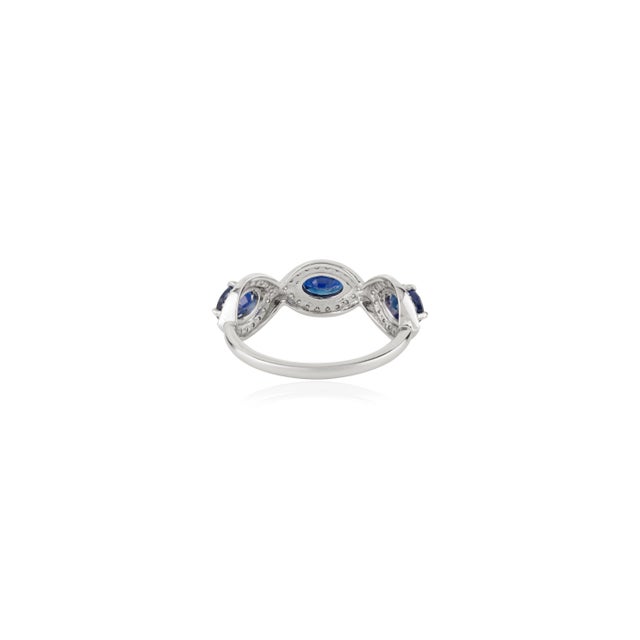 Metal Marquise Cut Three Stone Sapphire Diamond Cluster Ring 14k Gold Size 6 For Sale - Image 7 of 10