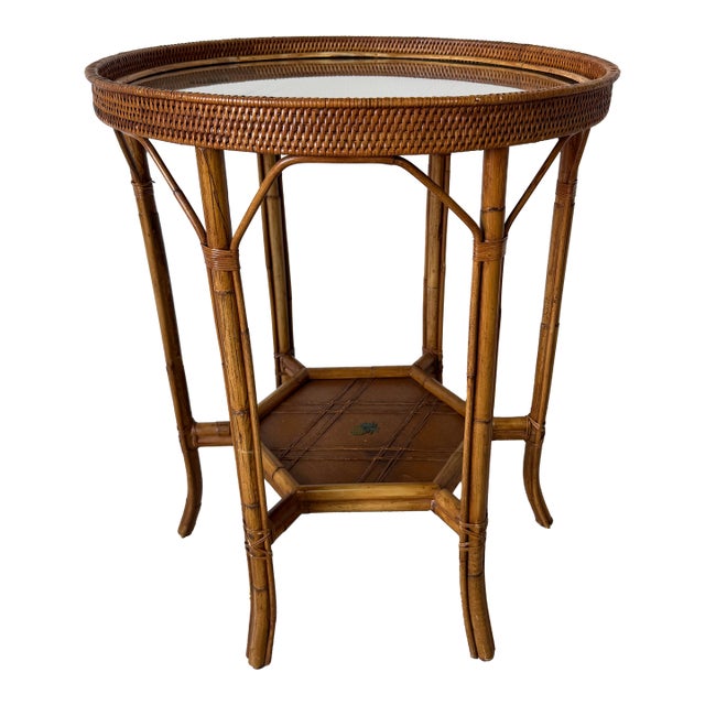 Vintage Palecek Coastal Rattan and Woven Wicker End Side Table With Glass Top/ Sold For Sale