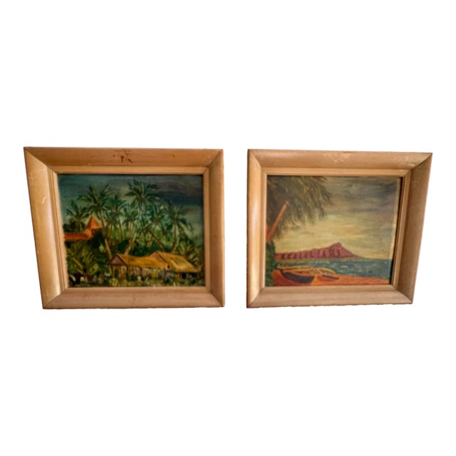 Vintage Set of 2 Tiki Oil Paintings W/Light Wood Frames - Signed For Sale