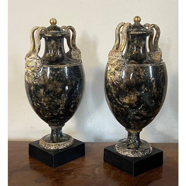 Antique 18th Century George III Wedgwood & Bentley Creamware Urns or Mantel Vases With Faux Stone Glaze & Satyr Mask Handles Circa 1780 - A Pair For Sale - Image 10 of 18