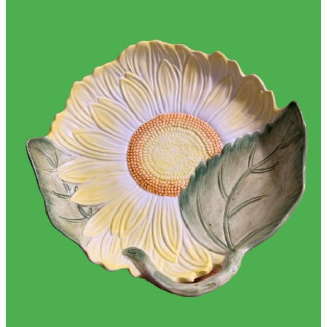 Electric Yellow Vintage Tiffany & Co. Majolica Ceramic Flower Shaped Dish in the Style of Mottahedeh Made in Italy Signed For Sale - Image 8 of 9