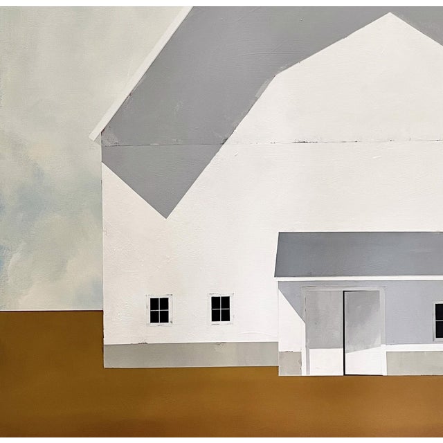 Contemporary Frontier by Justin Wheatley | Acrylic on Canvas White Barn on Ochre Ground For Sale - Image 3 of 9
