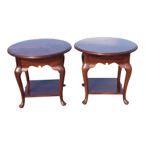 Mid 20th Century Vintage Cherry Wood Round End Tables - a Pair