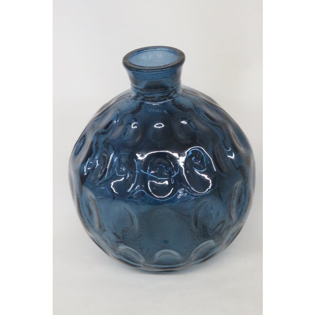 Mid-Century Modern Blue Glass Round Bottle Vase Thumbprint Design 4691b For Sale - Image 3 of 16