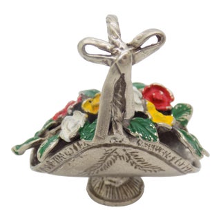Vintage Italian Handmade Genuine Silver Flower Basket Dollhouse Miniature, Painted, 1980s For Sale