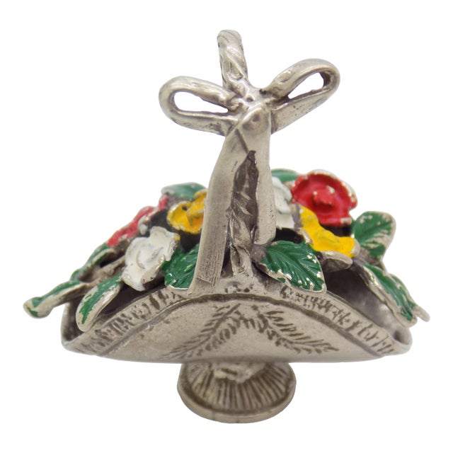 Vintage Italian Handmade Genuine Silver Flower Basket Dollhouse Miniature, Painted, 1980s For Sale