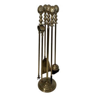 1970s Neoclassical Style Brass Pineapple Fireplace Tools in the Style of Maison Baguès - 5 Piece Set For Sale