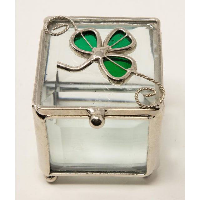 Mid 20th Century Vintage Sterling Silver and Beveled Glass Trinket Box with Clover For Sale - Image 5 of 12