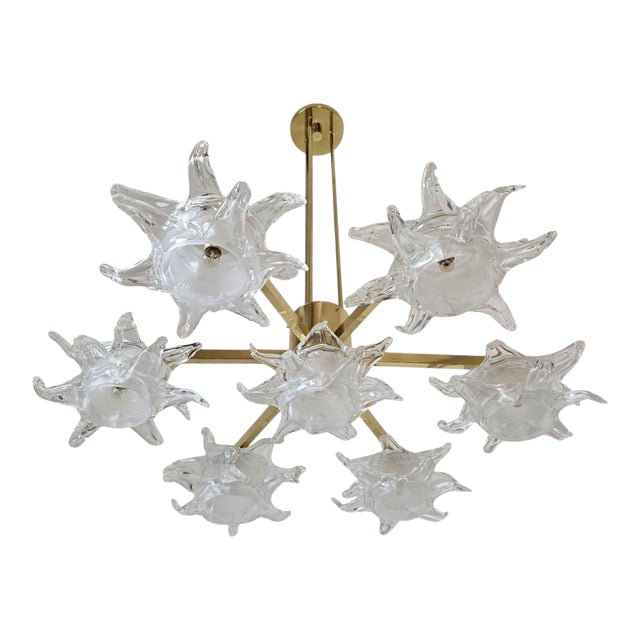 1990s Mid Century Modern Murano Glass and Brass Chandelier For Sale